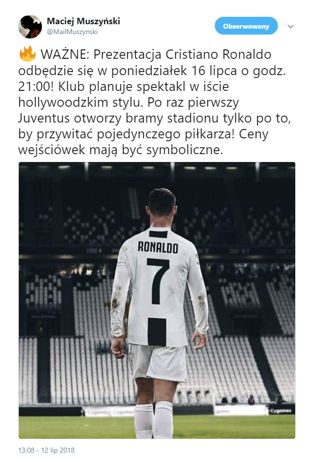 Wiadomo kiedy Juventus zaprezentuje Cristiano Ronaldo